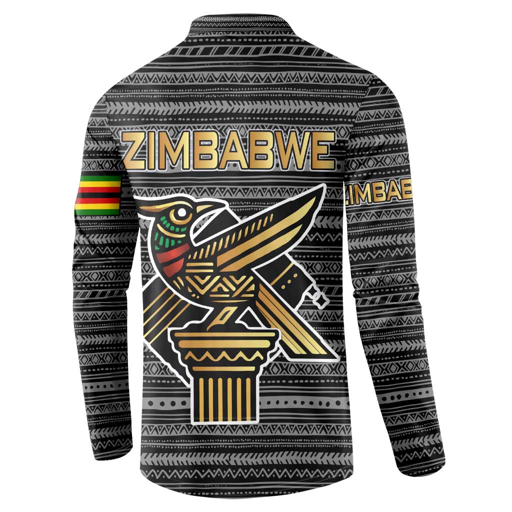 Zimbabwean Bird Statue Button Sweatshirt Tribal Pattern with National Flag Patch and Heritage Symbol