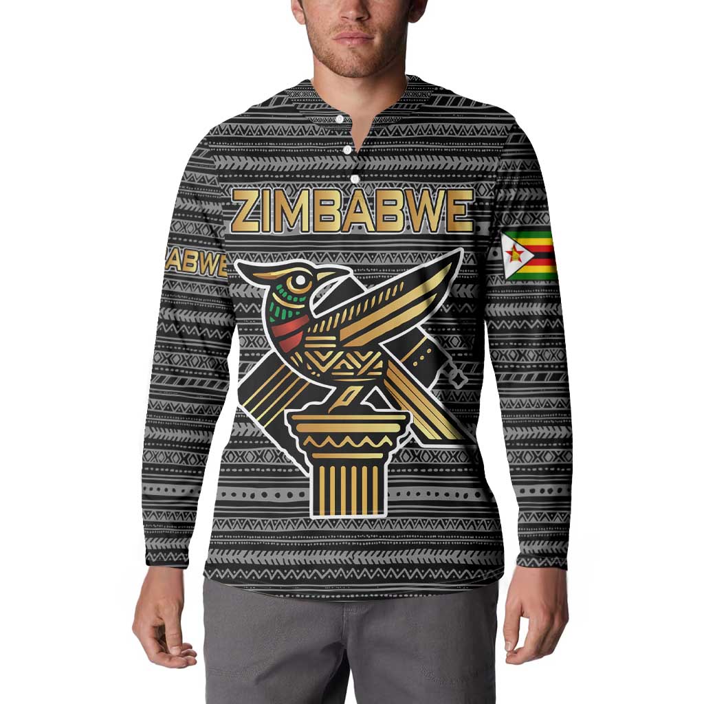 Zimbabwean Bird Statue Button Sweatshirt Tribal Pattern with National Flag Patch and Heritage Symbol