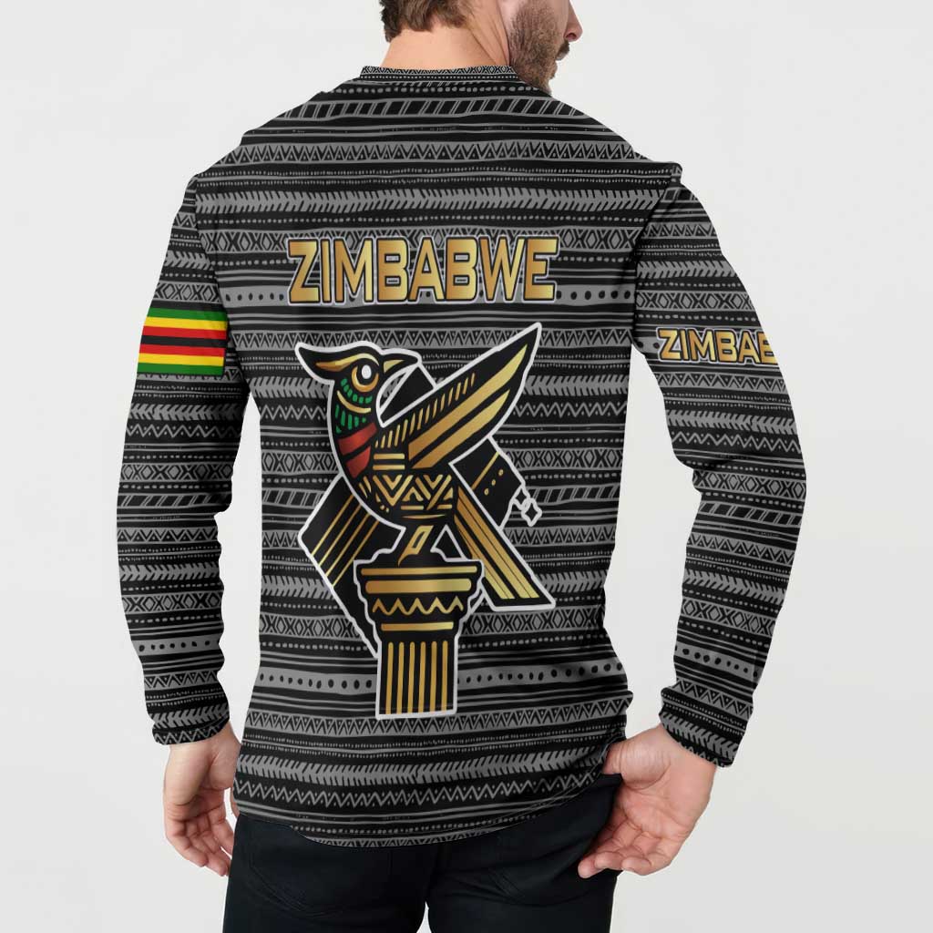 Zimbabwean Bird Statue Button Sweatshirt Tribal Pattern with National Flag Patch and Heritage Symbol