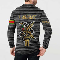 Zimbabwean Bird Statue Button Sweatshirt Tribal Pattern with National Flag Patch and Heritage Symbol