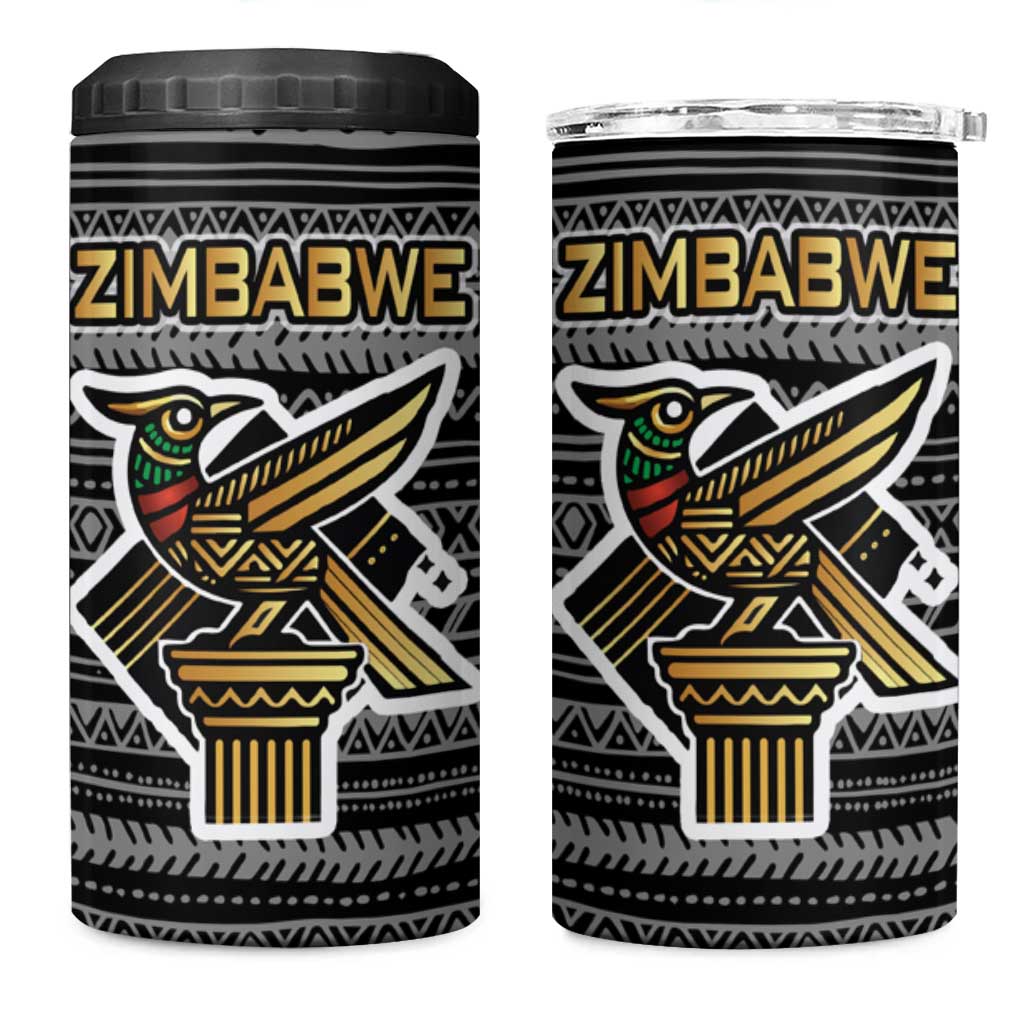 Zimbabwean Bird Statue 4 in 1 Can Cooler Tumbler Tribal Pattern with National Flag Patch and Heritage Symbol
