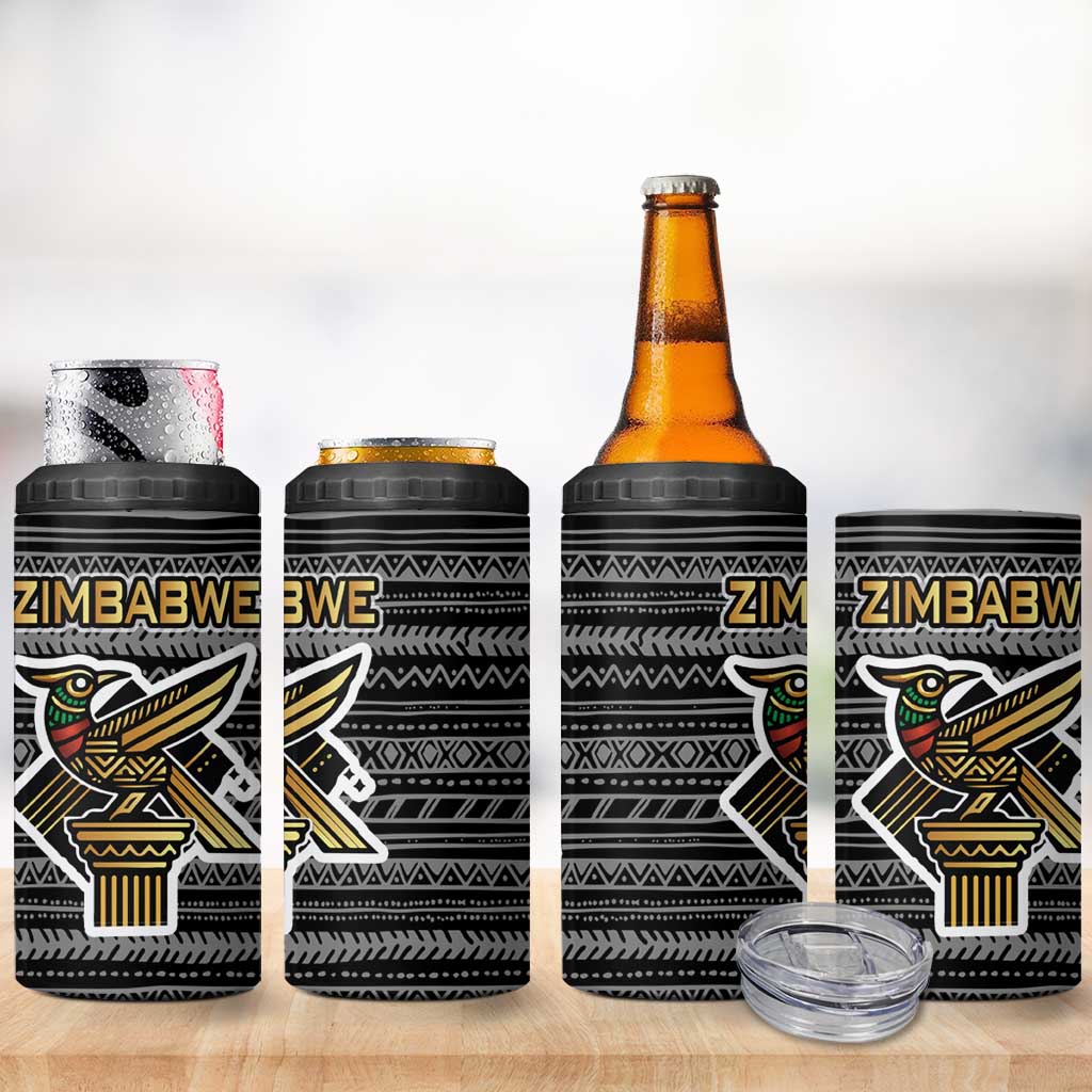 Zimbabwean Bird Statue 4 in 1 Can Cooler Tumbler Tribal Pattern with National Flag Patch and Heritage Symbol