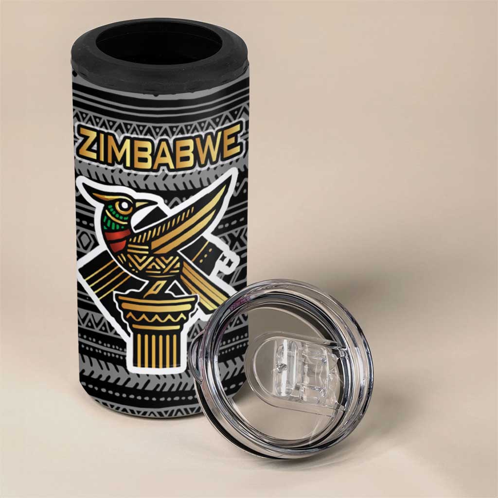 Zimbabwean Bird Statue 4 in 1 Can Cooler Tumbler Tribal Pattern with National Flag Patch and Heritage Symbol