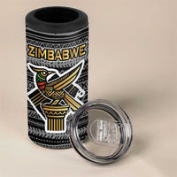 Zimbabwean Bird Statue 4 in 1 Can Cooler Tumbler Tribal Pattern with National Flag Patch and Heritage Symbol