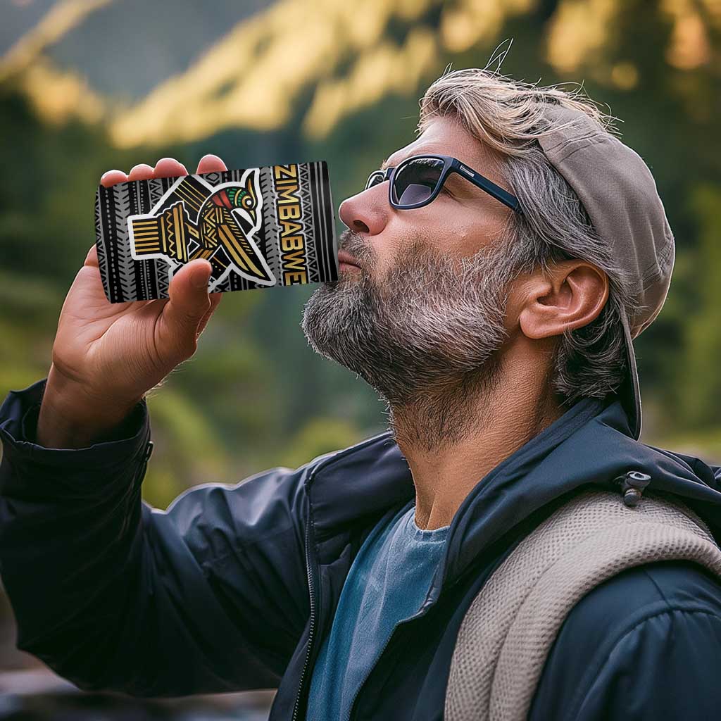 Zimbabwean Bird Statue 4 in 1 Can Cooler Tumbler Tribal Pattern with National Flag Patch and Heritage Symbol