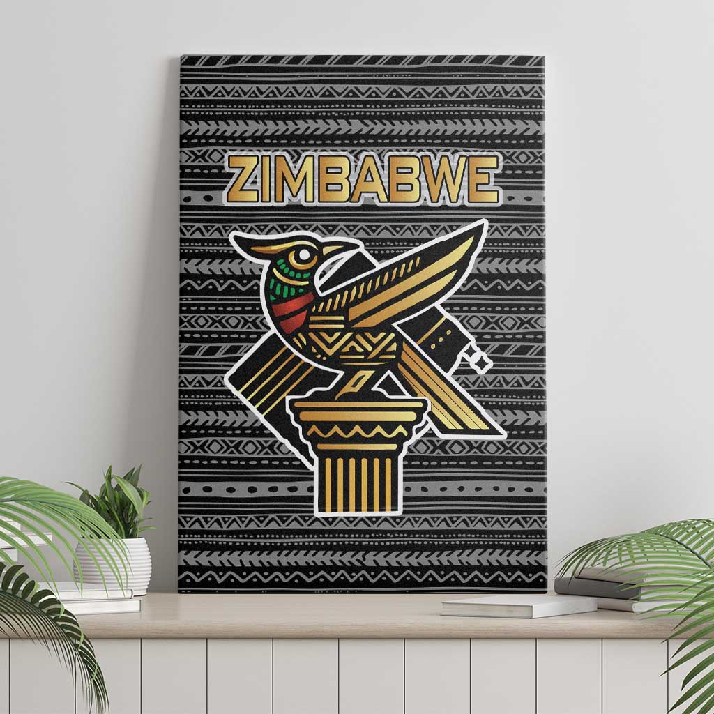 Zimbabwean Bird Statue Canvas Wall Art Tribal Pattern with National Flag Patch and Heritage Symbol