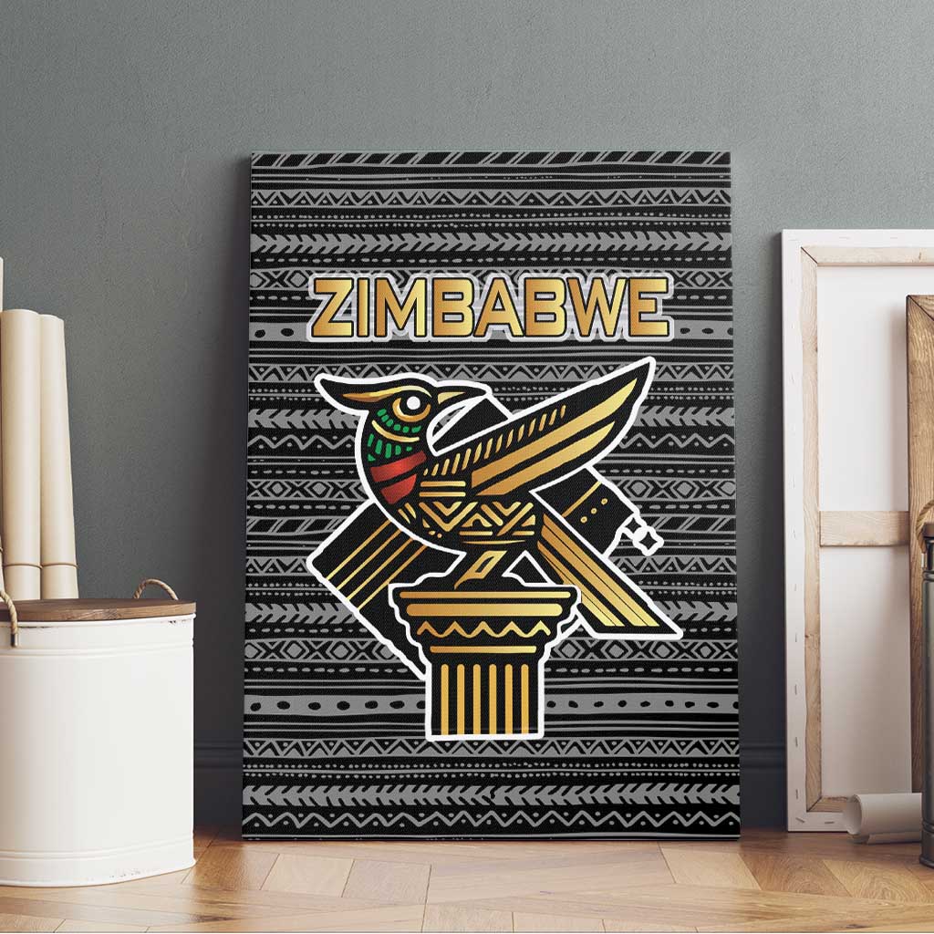 Zimbabwean Bird Statue Canvas Wall Art Tribal Pattern with National Flag Patch and Heritage Symbol
