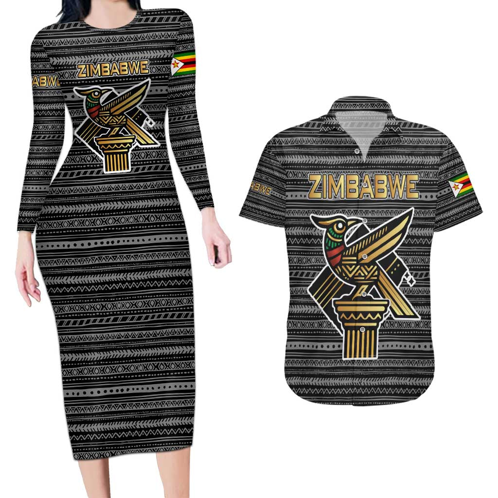Zimbabwean Bird Statue Couples Matching Long Sleeve Bodycon Dress and Hawaiian Shirt Tribal Pattern with National Flag Patch and Heritage Symbol
