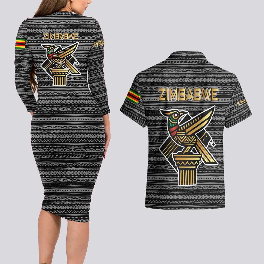 Zimbabwean Bird Statue Couples Matching Long Sleeve Bodycon Dress and Hawaiian Shirt Tribal Pattern with National Flag Patch and Heritage Symbol