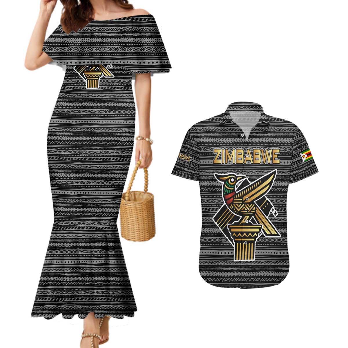Zimbabwean Bird Statue Couples Matching Mermaid Dress and Hawaiian Shirt Tribal Pattern with National Flag Patch and Heritage Symbol