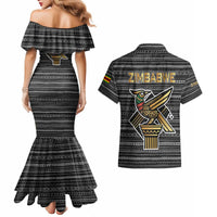 Zimbabwean Bird Statue Couples Matching Mermaid Dress and Hawaiian Shirt Tribal Pattern with National Flag Patch and Heritage Symbol