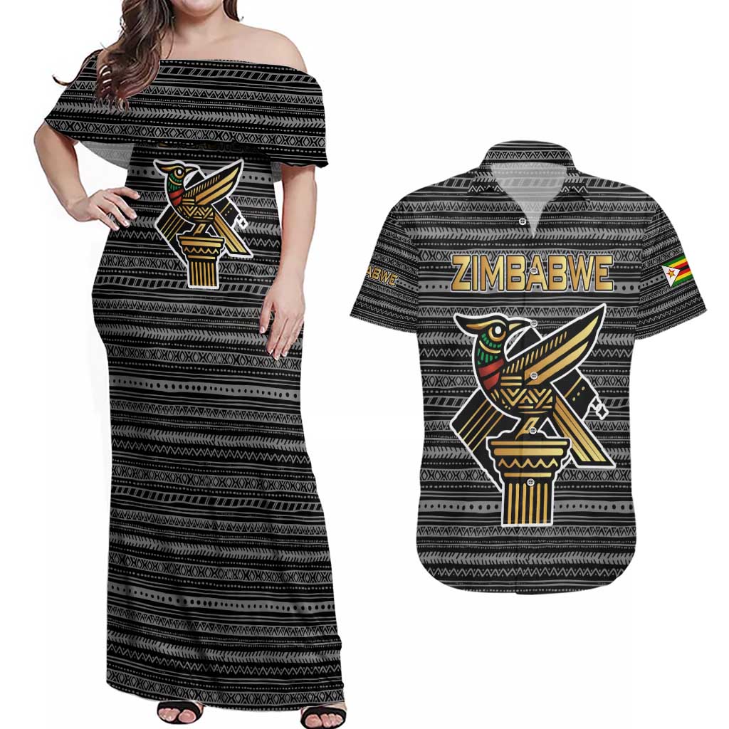 Zimbabwean Bird Statue Couples Matching Off Shoulder Maxi Dress and Hawaiian Shirt Tribal Pattern with National Flag Patch and Heritage Symbol