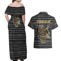 Zimbabwean Bird Statue Couples Matching Off Shoulder Maxi Dress and Hawaiian Shirt Tribal Pattern with National Flag Patch and Heritage Symbol
