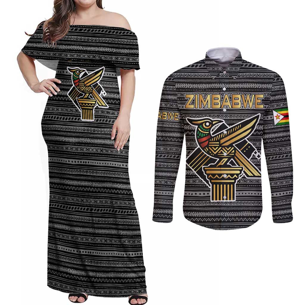 Zimbabwean Bird Statue Couples Matching Off Shoulder Maxi Dress and Long Sleeve Button Shirt Tribal Pattern with National Flag Patch and Heritage Symbol
