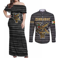 Zimbabwean Bird Statue Couples Matching Off Shoulder Maxi Dress and Long Sleeve Button Shirt Tribal Pattern with National Flag Patch and Heritage Symbol