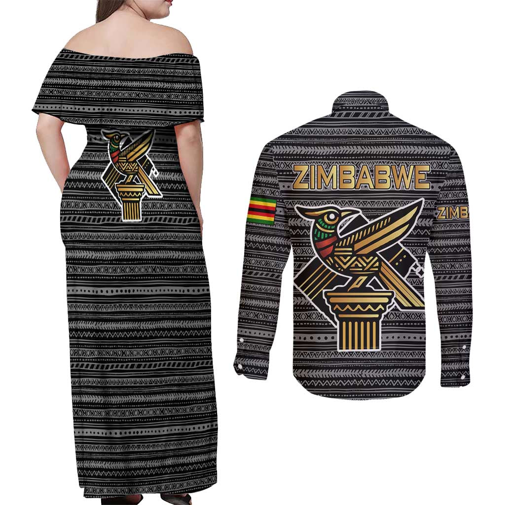 Zimbabwean Bird Statue Couples Matching Off Shoulder Maxi Dress and Long Sleeve Button Shirt Tribal Pattern with National Flag Patch and Heritage Symbol