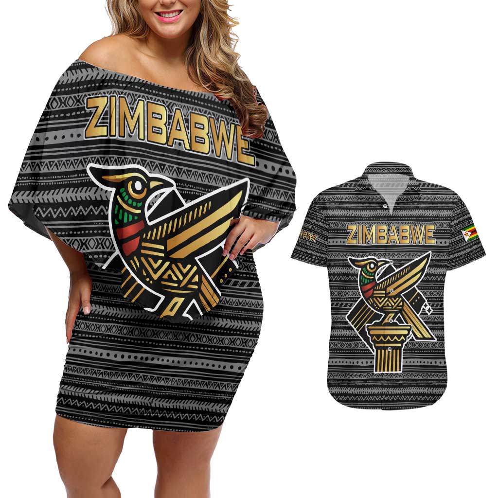 Zimbabwean Bird Statue Couples Matching Off Shoulder Short Dress and Hawaiian Shirt Tribal Pattern with National Flag Patch and Heritage Symbol
