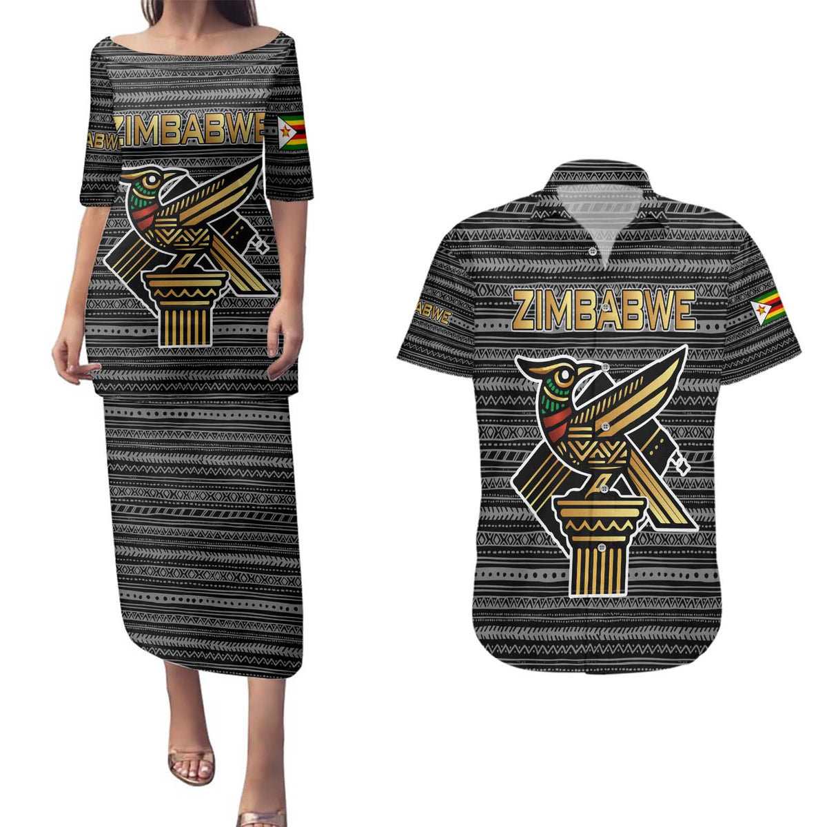 Zimbabwean Bird Statue Couples Matching Puletasi and Hawaiian Shirt Tribal Pattern with National Flag Patch and Heritage Symbol