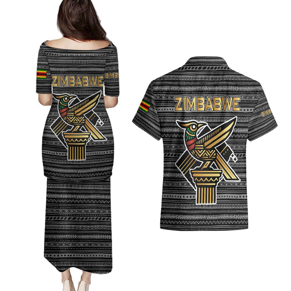 Zimbabwean Bird Statue Couples Matching Puletasi and Hawaiian Shirt Tribal Pattern with National Flag Patch and Heritage Symbol