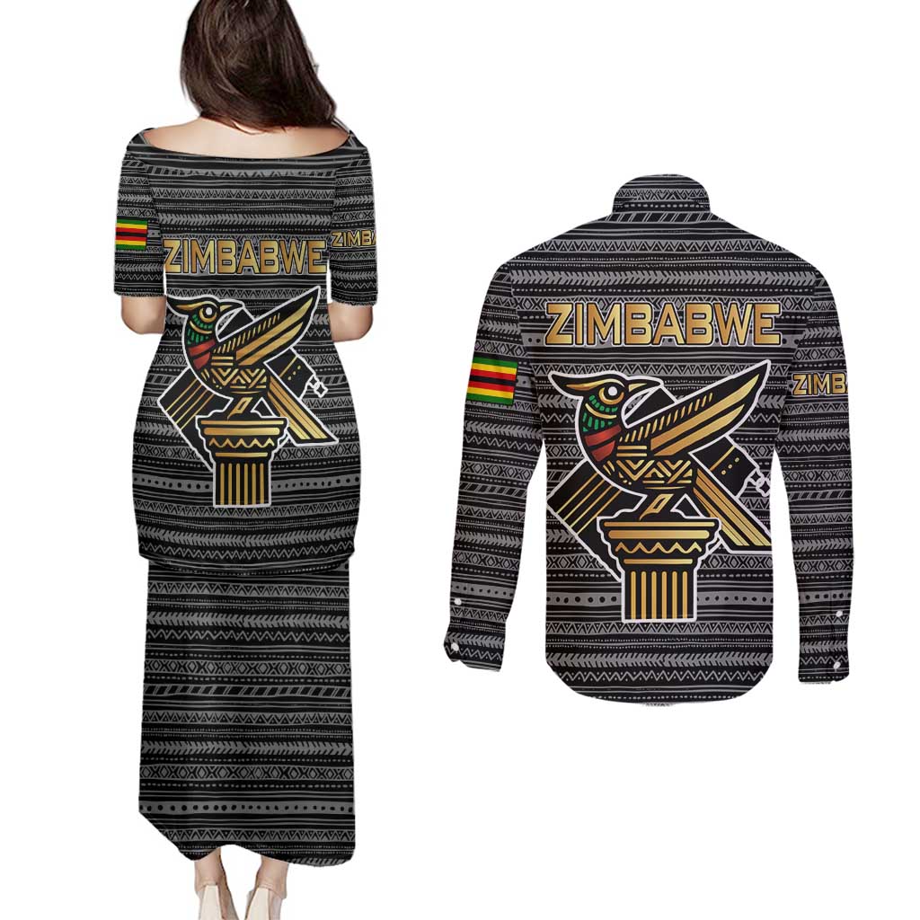 Zimbabwean Bird Statue Couples Matching Puletasi and Long Sleeve Button Shirt Tribal Pattern with National Flag Patch and Heritage Symbol
