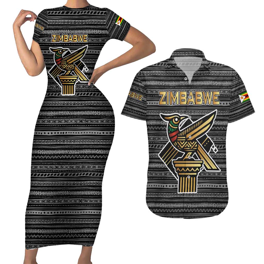 Zimbabwean Bird Statue Couples Matching Short Sleeve Bodycon Dress and Hawaiian Shirt Tribal Pattern with National Flag Patch and Heritage Symbol