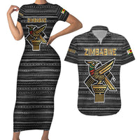 Zimbabwean Bird Statue Couples Matching Short Sleeve Bodycon Dress and Hawaiian Shirt Tribal Pattern with National Flag Patch and Heritage Symbol