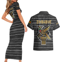 Zimbabwean Bird Statue Couples Matching Short Sleeve Bodycon Dress and Hawaiian Shirt Tribal Pattern with National Flag Patch and Heritage Symbol