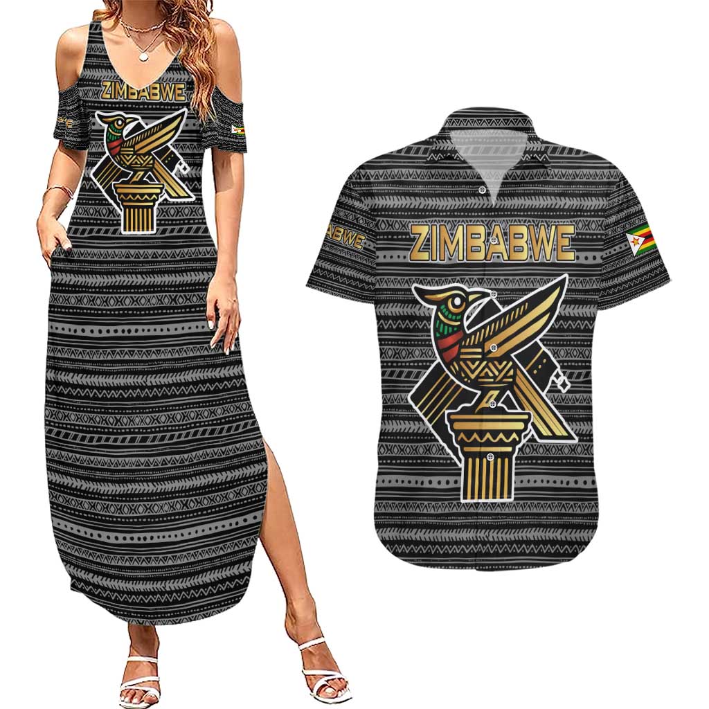 Zimbabwean Bird Statue Couples Matching Summer Maxi Dress and Hawaiian Shirt Tribal Pattern with National Flag Patch and Heritage Symbol