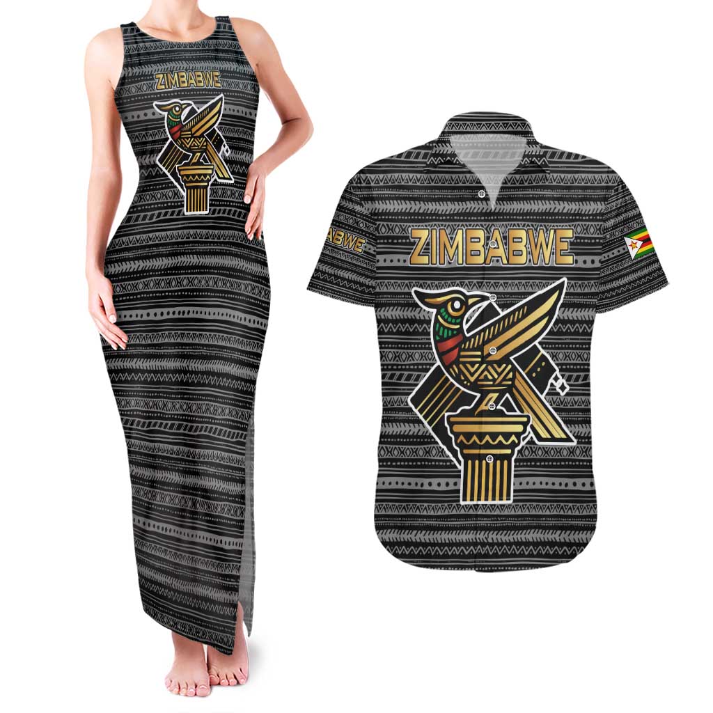 Zimbabwean Bird Statue Couples Matching Tank Maxi Dress and Hawaiian Shirt Tribal Pattern with National Flag Patch and Heritage Symbol