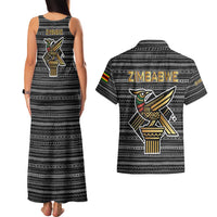 Zimbabwean Bird Statue Couples Matching Tank Maxi Dress and Hawaiian Shirt Tribal Pattern with National Flag Patch and Heritage Symbol