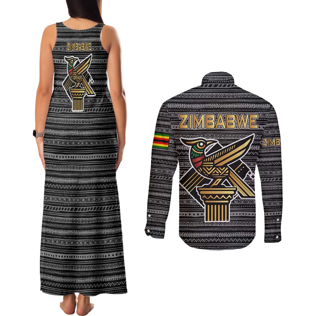 Zimbabwean Bird Statue Couples Matching Tank Maxi Dress and Long Sleeve Button Shirt Tribal Pattern with National Flag Patch and Heritage Symbol