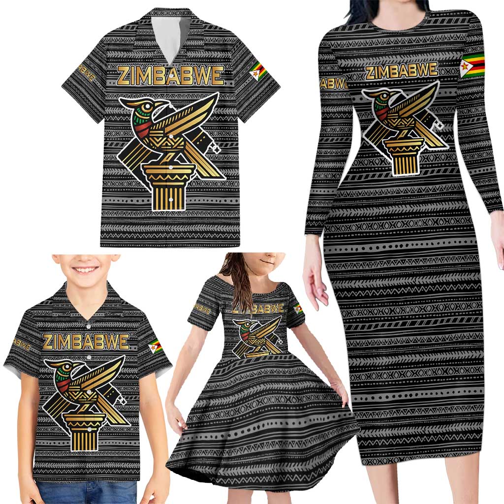 Zimbabwean Bird Statue Family Matching Long Sleeve Bodycon Dress and Hawaiian Shirt Tribal Pattern with National Flag Patch and Heritage Symbol