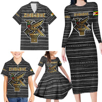 Zimbabwean Bird Statue Family Matching Long Sleeve Bodycon Dress and Hawaiian Shirt Tribal Pattern with National Flag Patch and Heritage Symbol