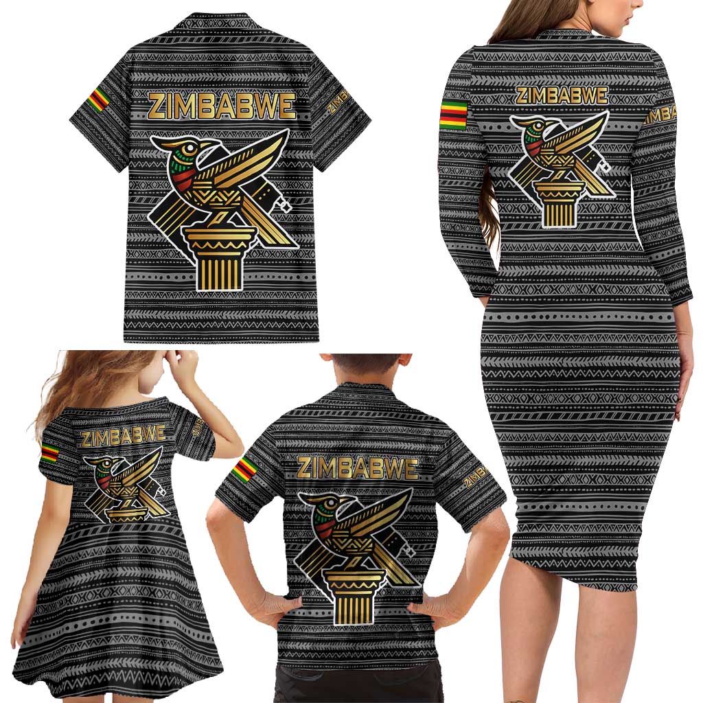 Zimbabwean Bird Statue Family Matching Long Sleeve Bodycon Dress and Hawaiian Shirt Tribal Pattern with National Flag Patch and Heritage Symbol