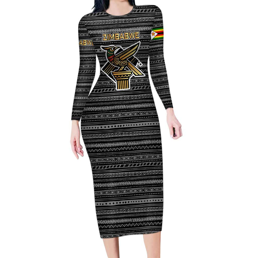 Zimbabwean Bird Statue Family Matching Long Sleeve Bodycon Dress and Hawaiian Shirt Tribal Pattern with National Flag Patch and Heritage Symbol