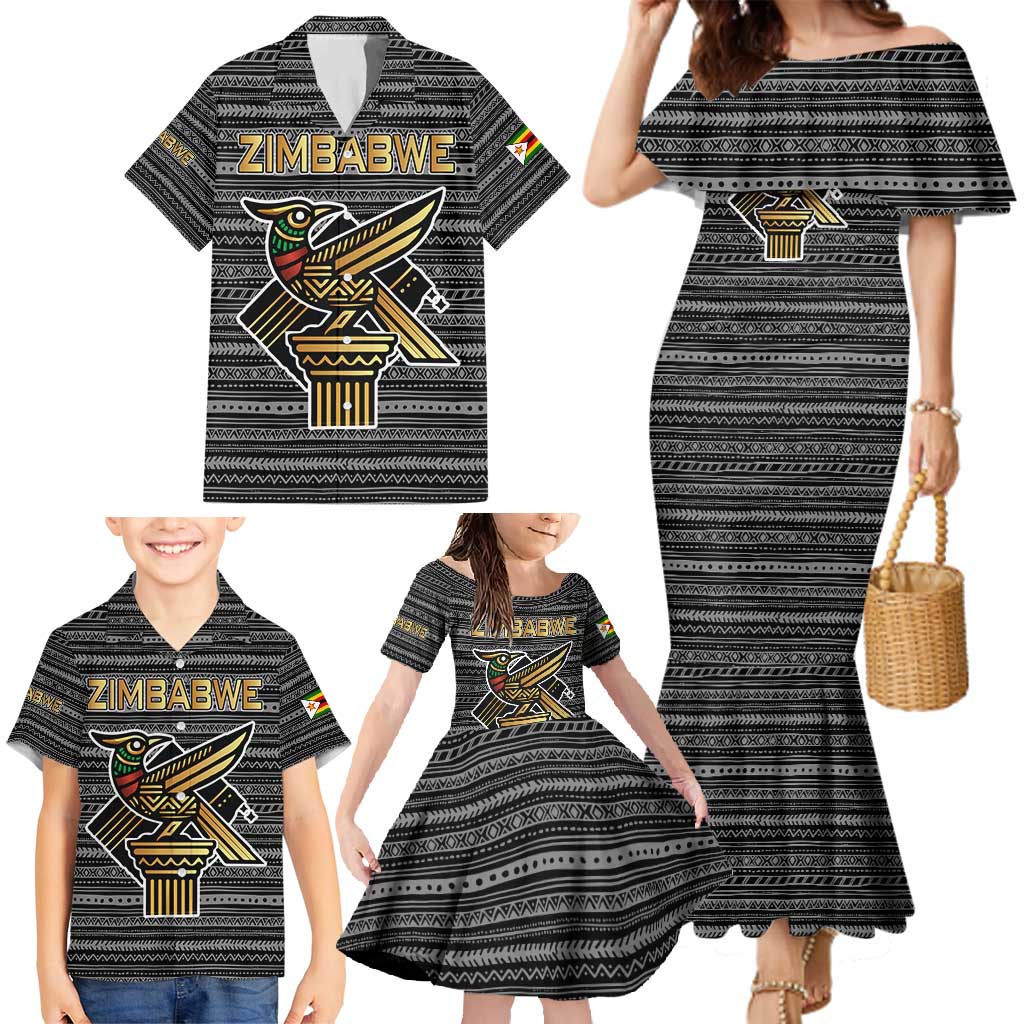 Zimbabwean Bird Statue Family Matching Mermaid Dress and Hawaiian Shirt Tribal Pattern with National Flag Patch and Heritage Symbol