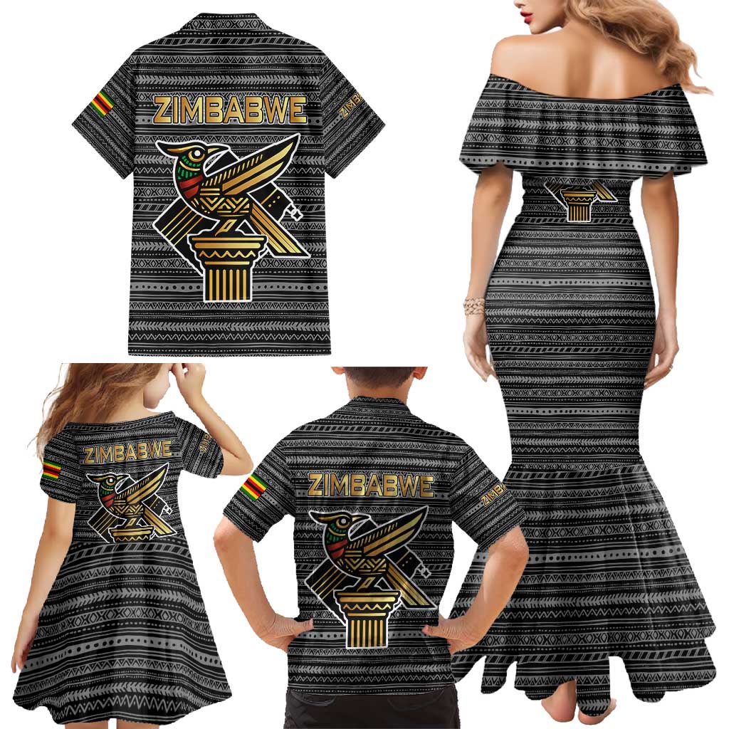 Zimbabwean Bird Statue Family Matching Mermaid Dress and Hawaiian Shirt Tribal Pattern with National Flag Patch and Heritage Symbol