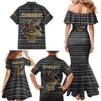 Zimbabwean Bird Statue Family Matching Mermaid Dress and Hawaiian Shirt Tribal Pattern with National Flag Patch and Heritage Symbol