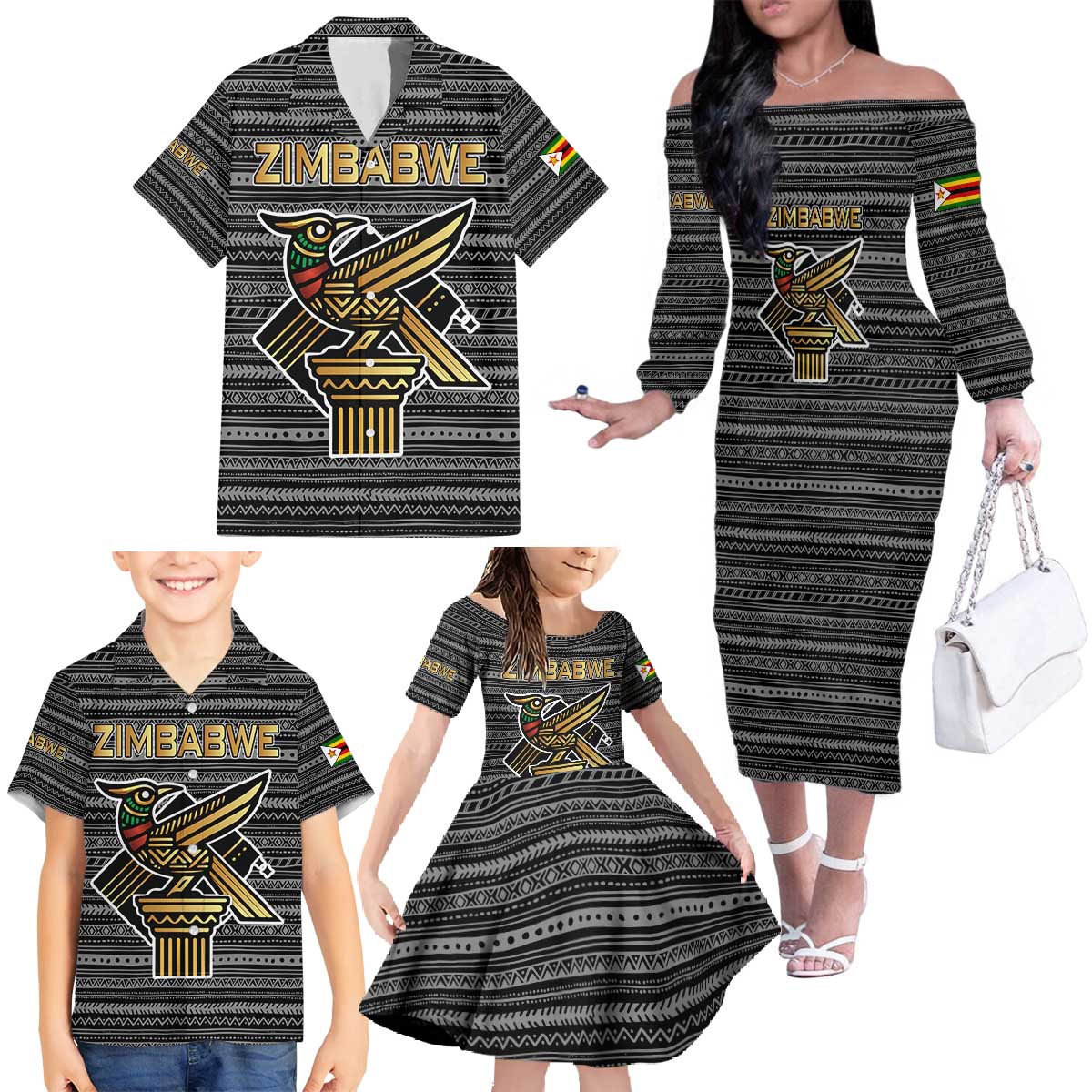 Zimbabwean Bird Statue Family Matching Off The Shoulder Long Sleeve Dress and Hawaiian Shirt Tribal Pattern with National Flag Patch and Heritage Symbol