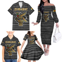 Zimbabwean Bird Statue Family Matching Off The Shoulder Long Sleeve Dress and Hawaiian Shirt Tribal Pattern with National Flag Patch and Heritage Symbol