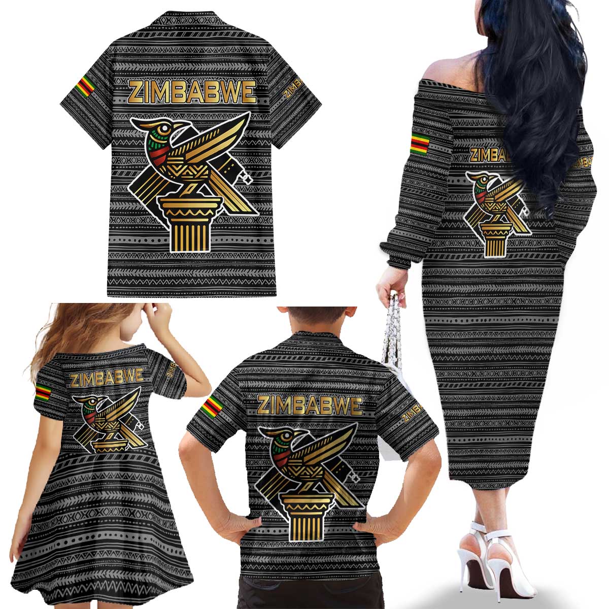 Zimbabwean Bird Statue Family Matching Off The Shoulder Long Sleeve Dress and Hawaiian Shirt Tribal Pattern with National Flag Patch and Heritage Symbol