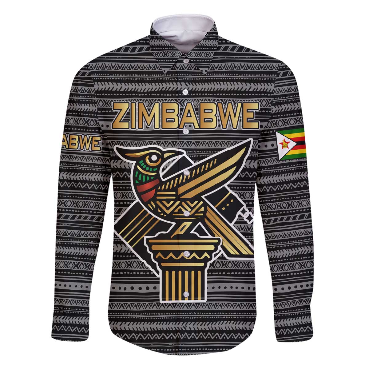 Zimbabwean Bird Statue Family Matching Off The Shoulder Long Sleeve Dress and Hawaiian Shirt Tribal Pattern with National Flag Patch and Heritage Symbol