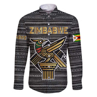 Zimbabwean Bird Statue Family Matching Off The Shoulder Long Sleeve Dress and Hawaiian Shirt Tribal Pattern with National Flag Patch and Heritage Symbol