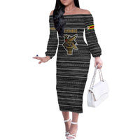 Zimbabwean Bird Statue Family Matching Off The Shoulder Long Sleeve Dress and Hawaiian Shirt Tribal Pattern with National Flag Patch and Heritage Symbol