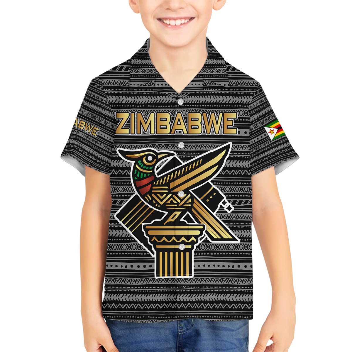 Zimbabwean Bird Statue Family Matching Off The Shoulder Long Sleeve Dress and Hawaiian Shirt Tribal Pattern with National Flag Patch and Heritage Symbol