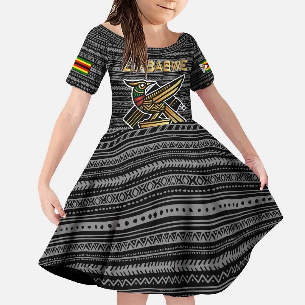 Zimbabwean Bird Statue Family Matching Off Shoulder Maxi Dress and Hawaiian Shirt Tribal Pattern with National Flag Patch and Heritage Symbol