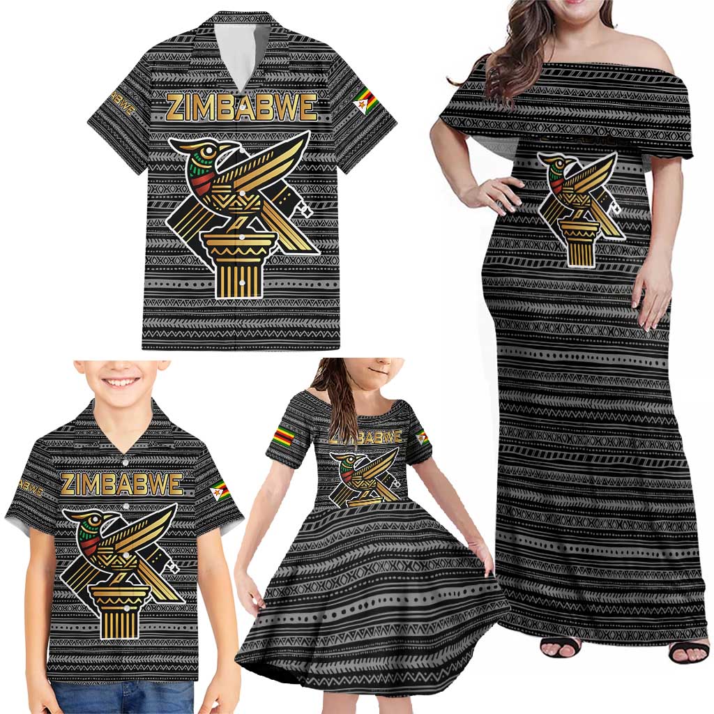 Zimbabwean Bird Statue Family Matching Off Shoulder Maxi Dress and Hawaiian Shirt Tribal Pattern with National Flag Patch and Heritage Symbol