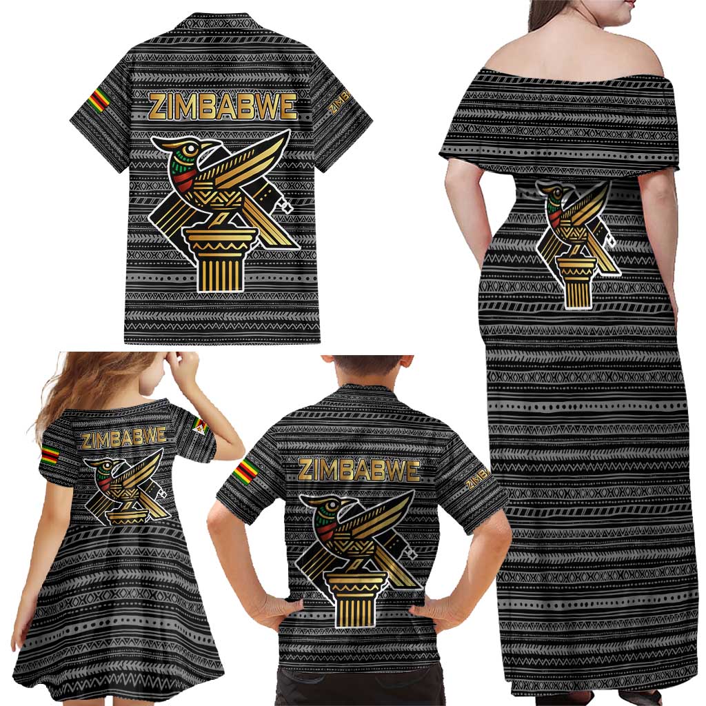 Zimbabwean Bird Statue Family Matching Off Shoulder Maxi Dress and Hawaiian Shirt Tribal Pattern with National Flag Patch and Heritage Symbol