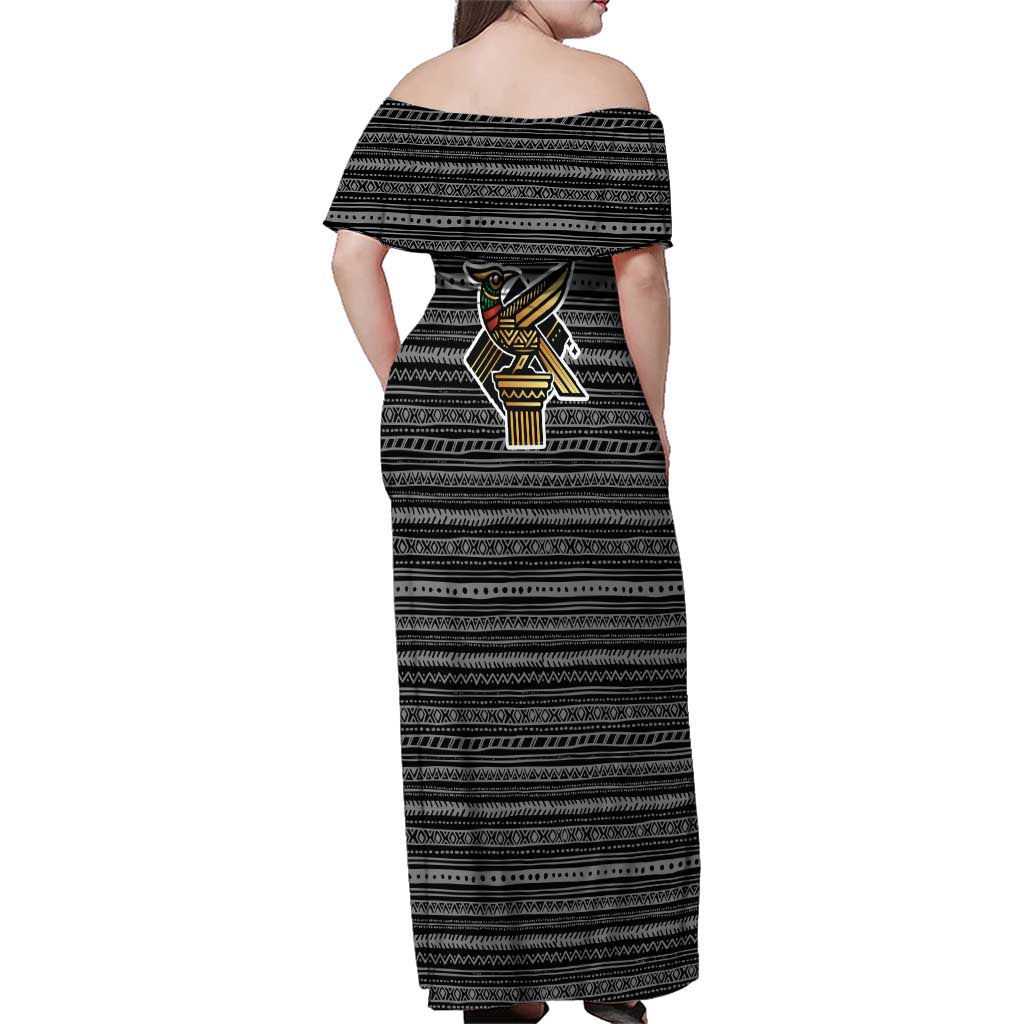 Zimbabwean Bird Statue Family Matching Off Shoulder Maxi Dress and Hawaiian Shirt Tribal Pattern with National Flag Patch and Heritage Symbol