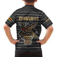Zimbabwean Bird Statue Family Matching Off Shoulder Short Dress and Hawaiian Shirt Tribal Pattern with National Flag Patch and Heritage Symbol